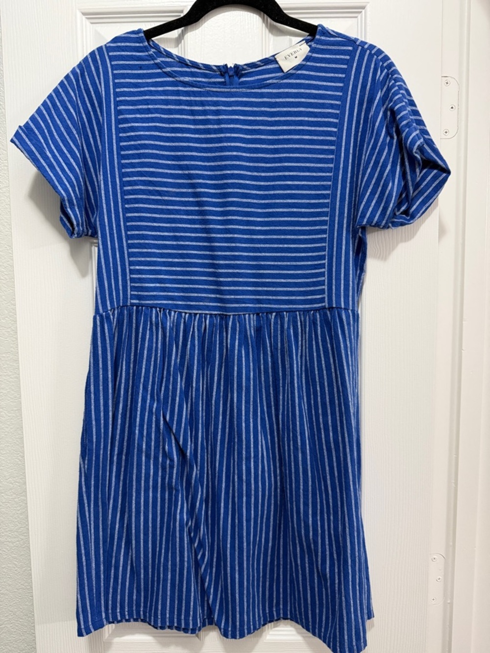 Everly Blue and White Striped Short Sleeve Casual Dress